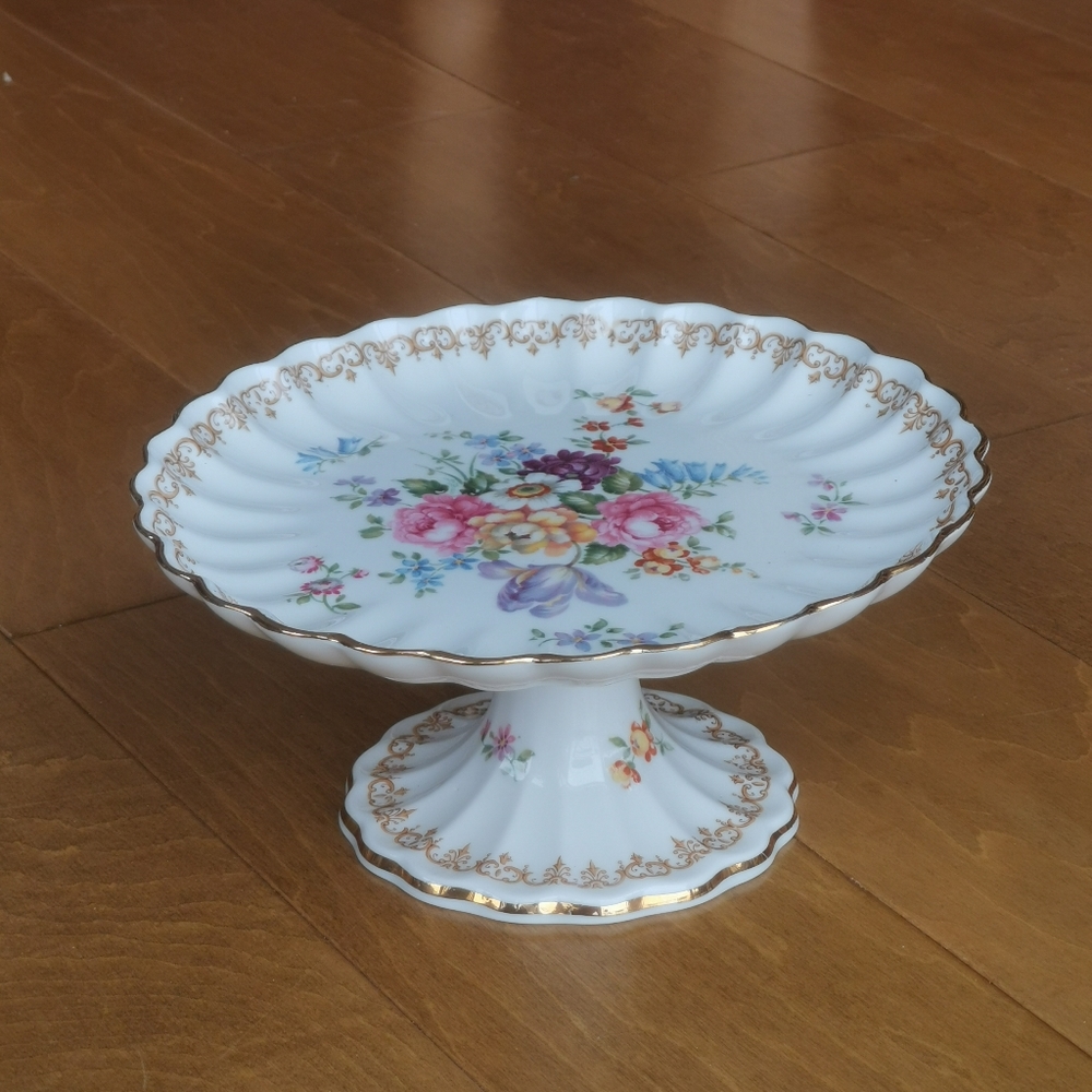 Vintage Crown Staffordshire Fine Bone China Floral Pedestal 8.5" Cake Plate